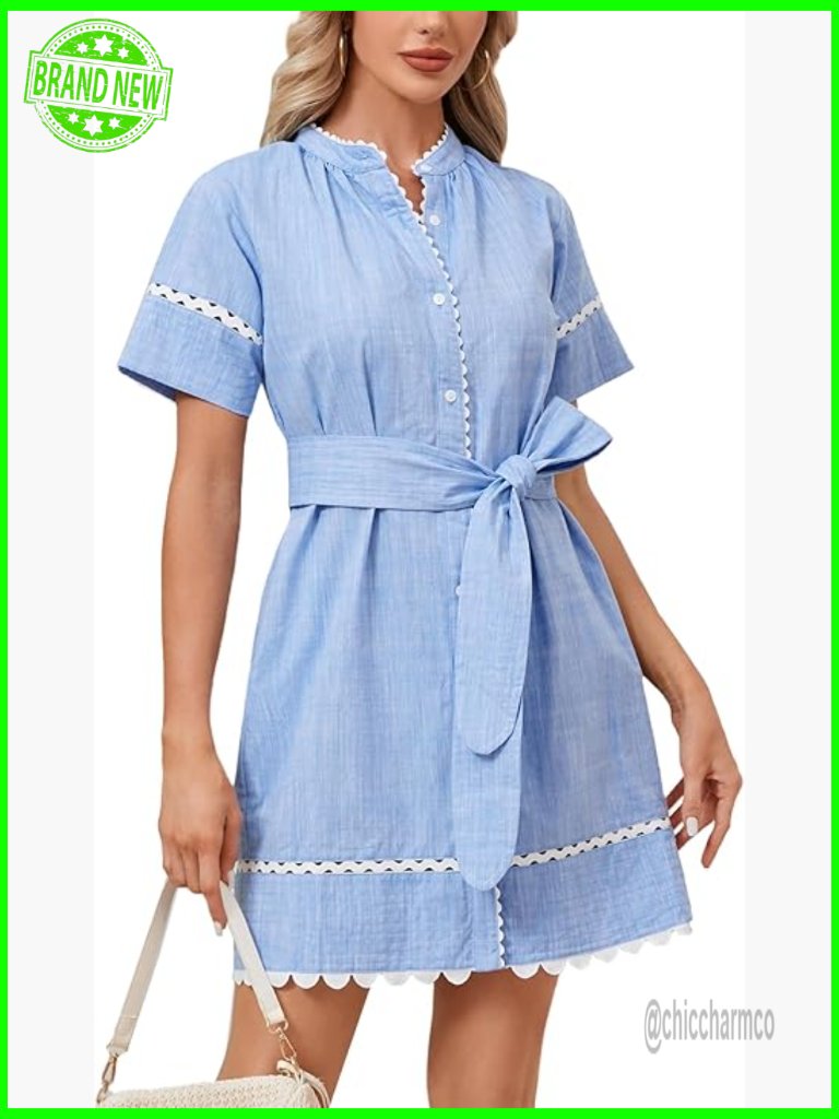 Short Sleeve Button Down Mini Dress With Belt & Pockets